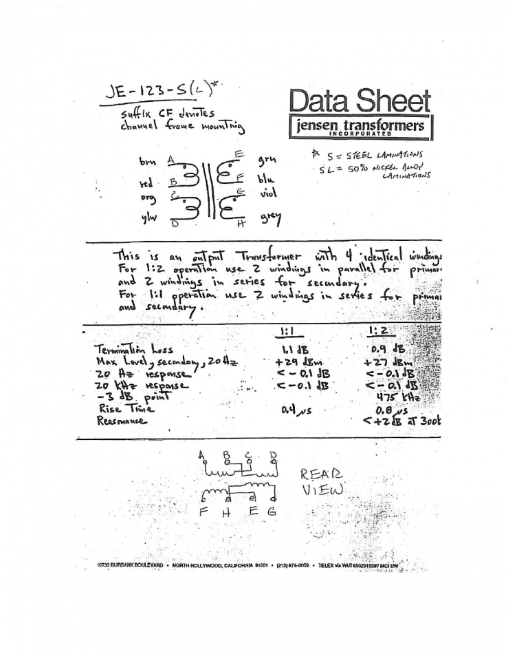 Used Jensen JE-123-SPC PC Mount Quadfilar 600 Ohm Line Output Transformer.  TR